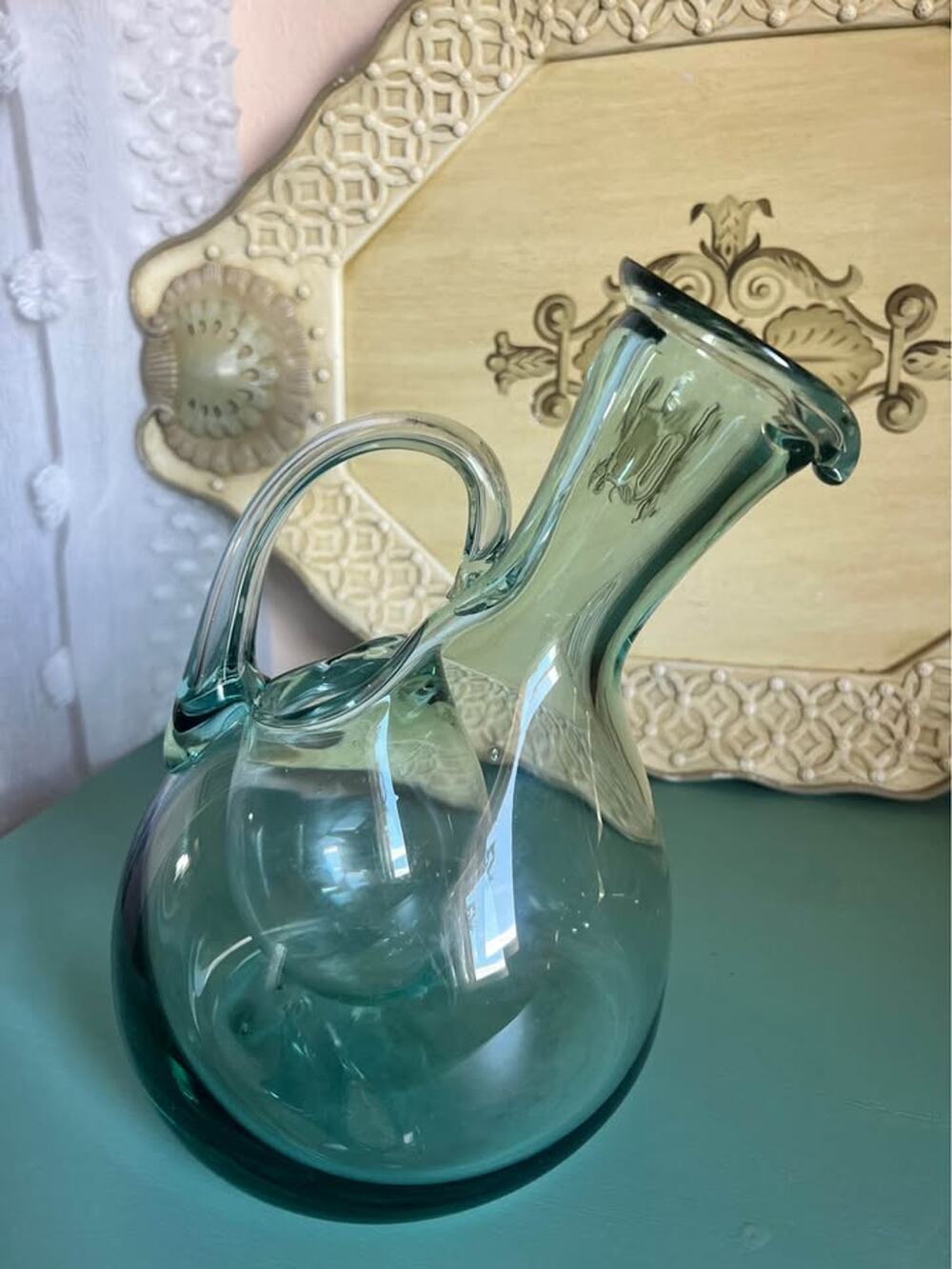 Hand-Blown Teal Glass Wine Decanter with Integrated Ice Chamber